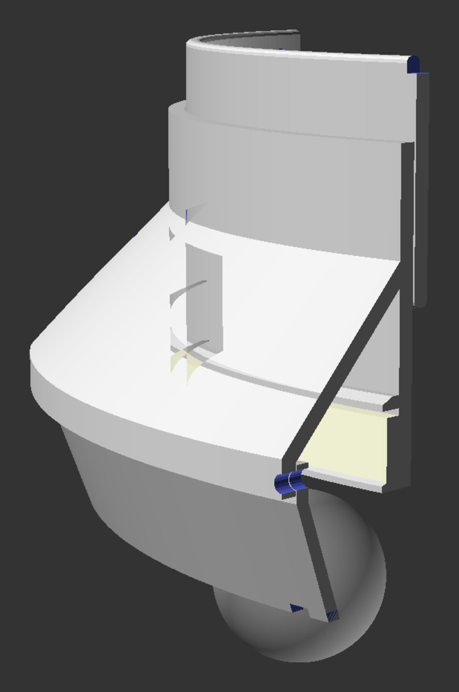 Cutaway render of the Circadius visor showing the LED strip on its vertical fascia, the angled reflector blade, and the eye reference position