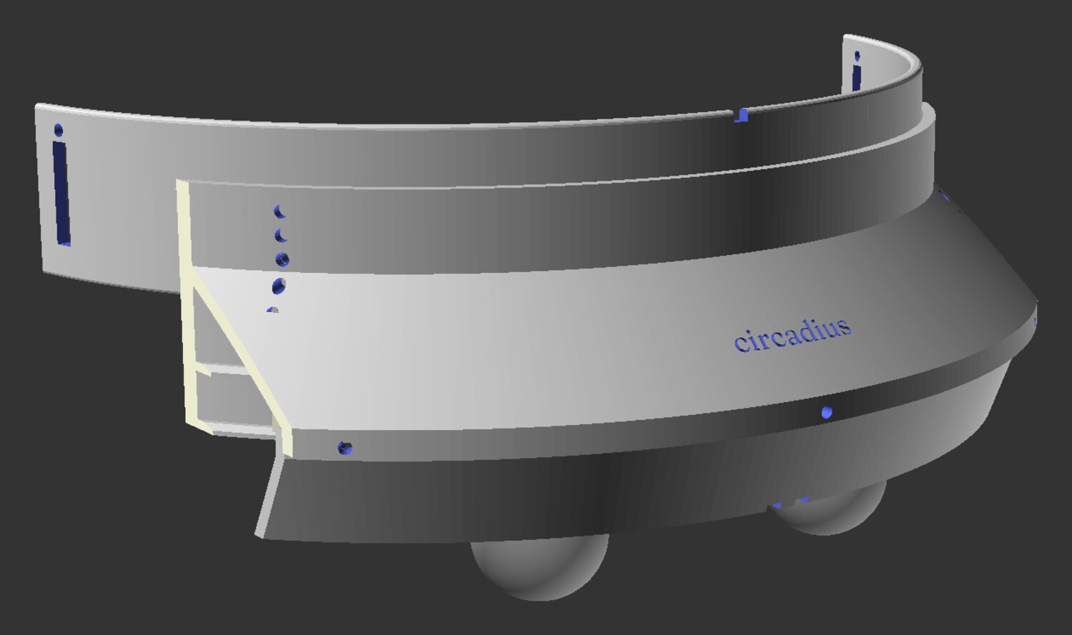 Three-quarter render of the full Circadius assembly: headband, visor carrier and reflector blade