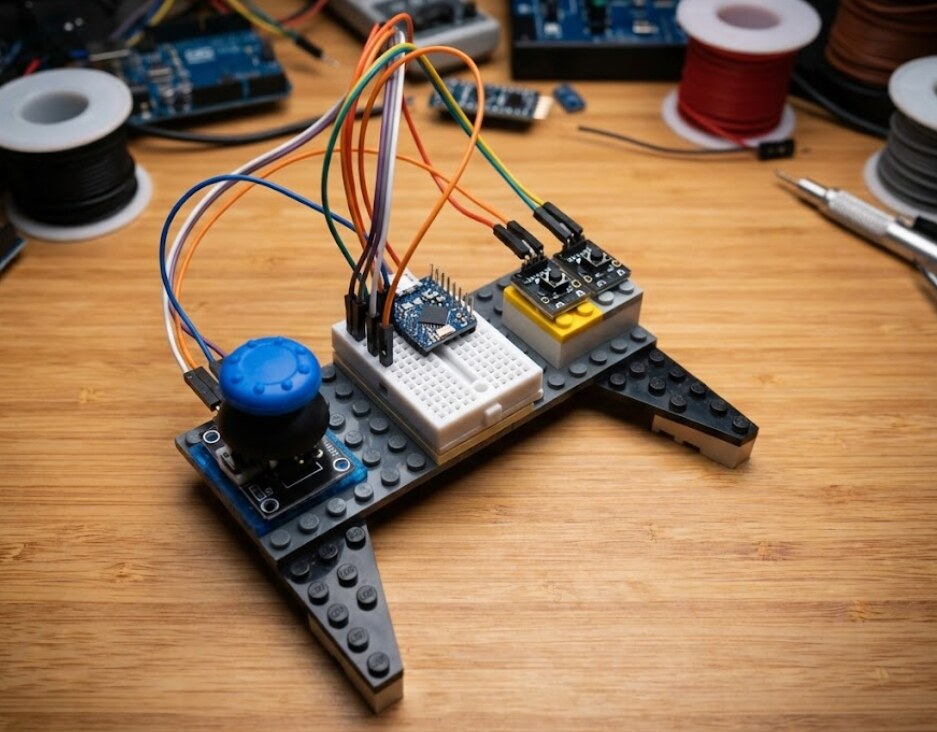 DIY game controller built with ESP32, LEGO, joysticks and buttons